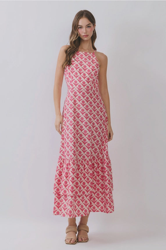 Floral Print High Neckline Tiered Maxi Dress in Pink