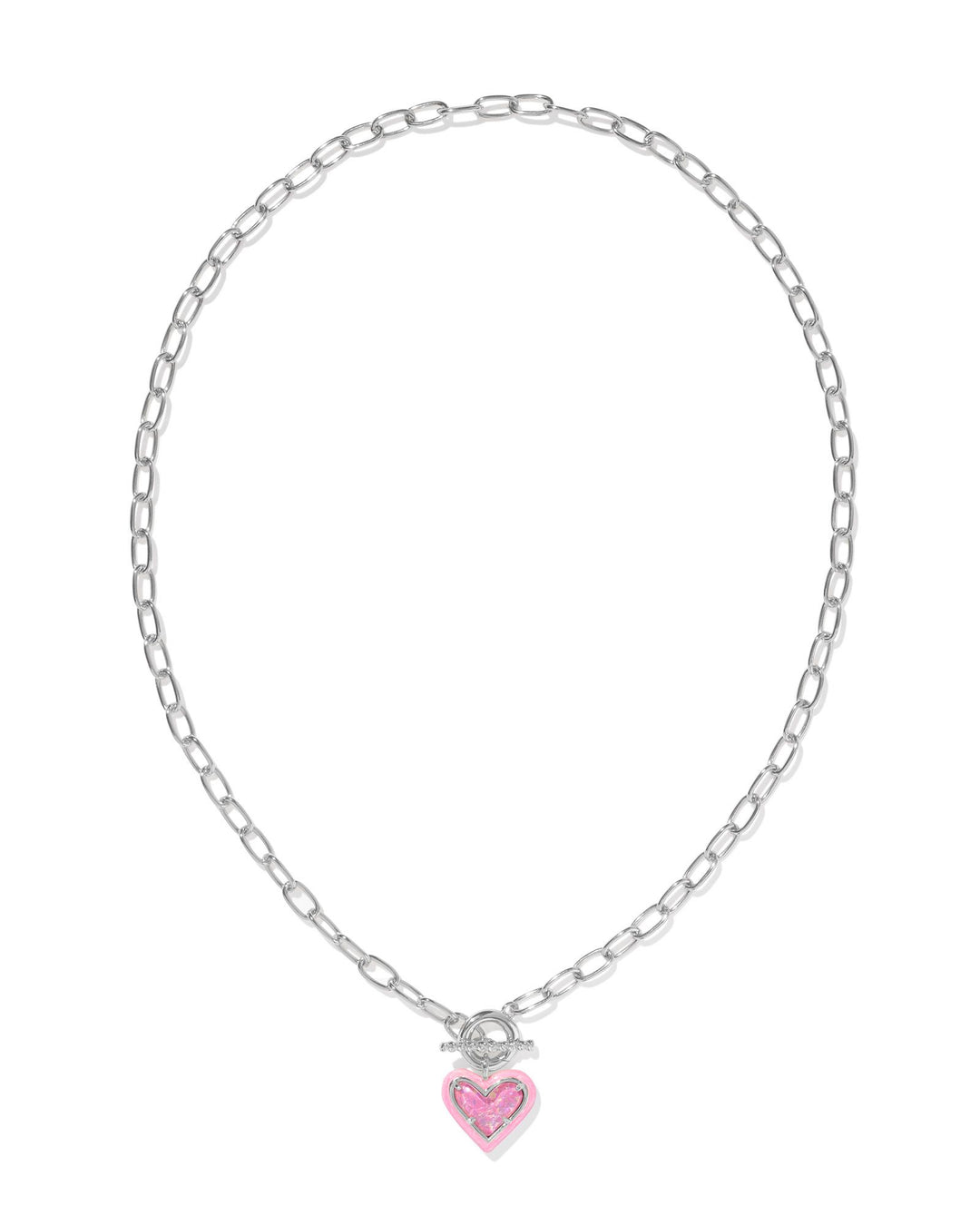 Kendra Scott Ari Heart Silver Enamel Frame Link and Chain Necklace in Pink Iridescent Glitter Glass