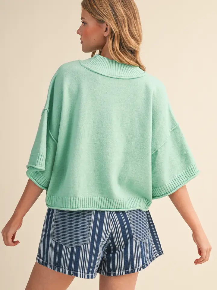 Mock Neck Short Sleeve Sweater in Mint Green