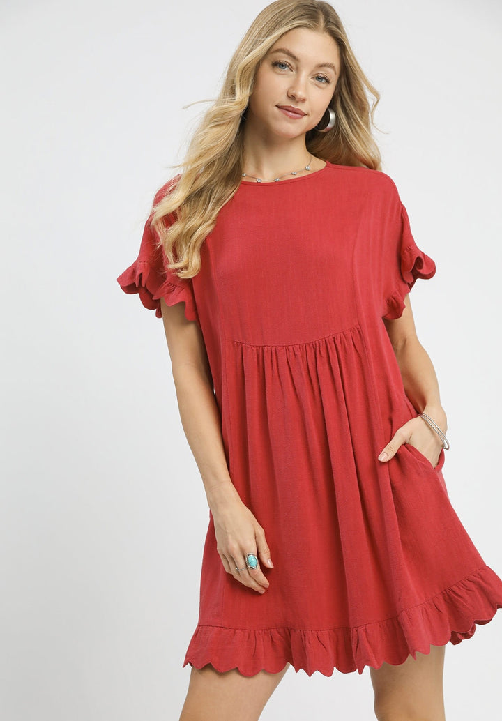 Red Linen Ruffle Hem Mini Dress