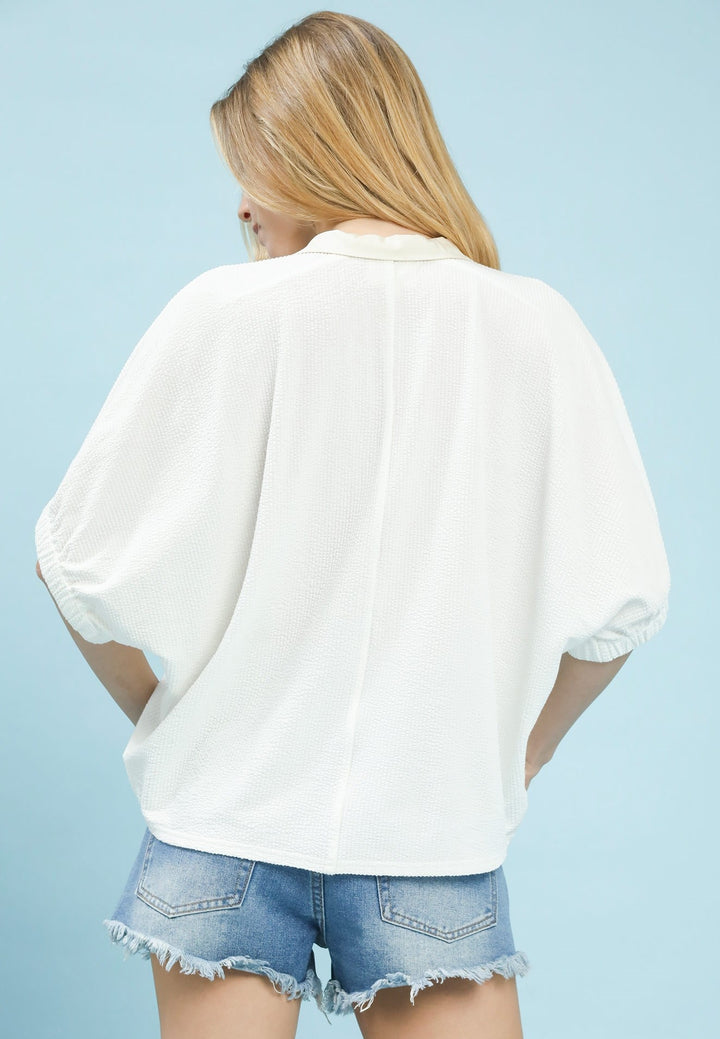 Ecru Contrast Collar V-Neck Top