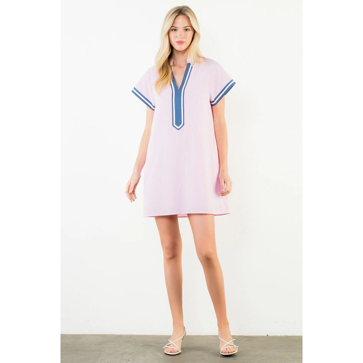 Pink Short Sleeve Striped Textured Dress