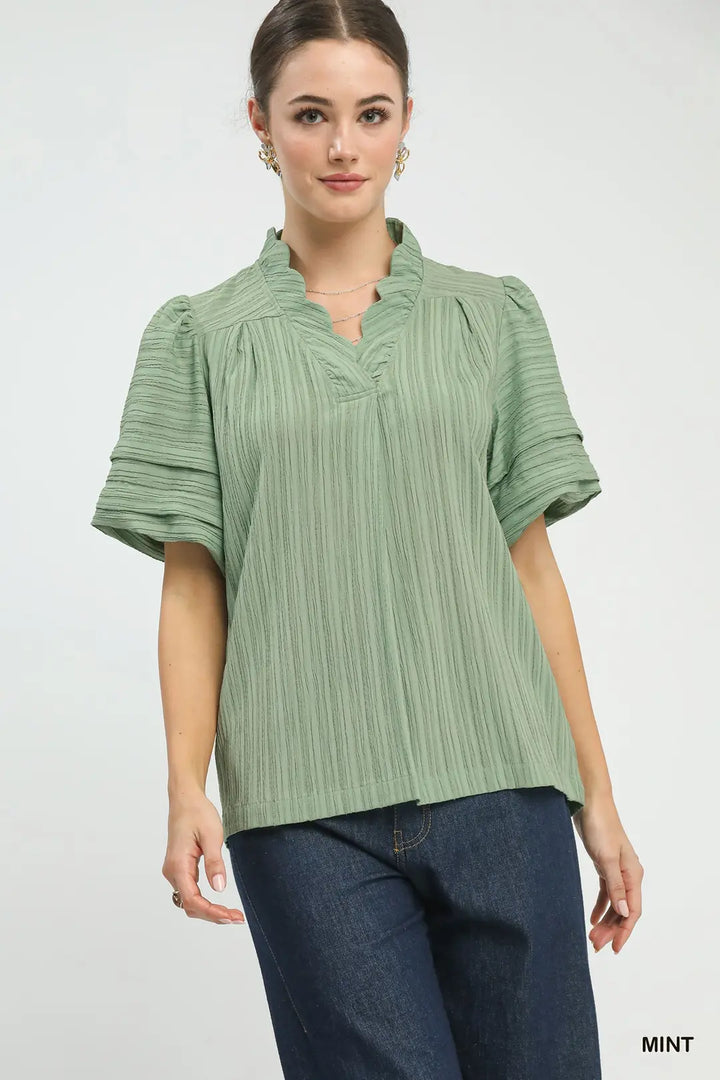 Mint Seersucker Bubble Sleeve V-Neck Top