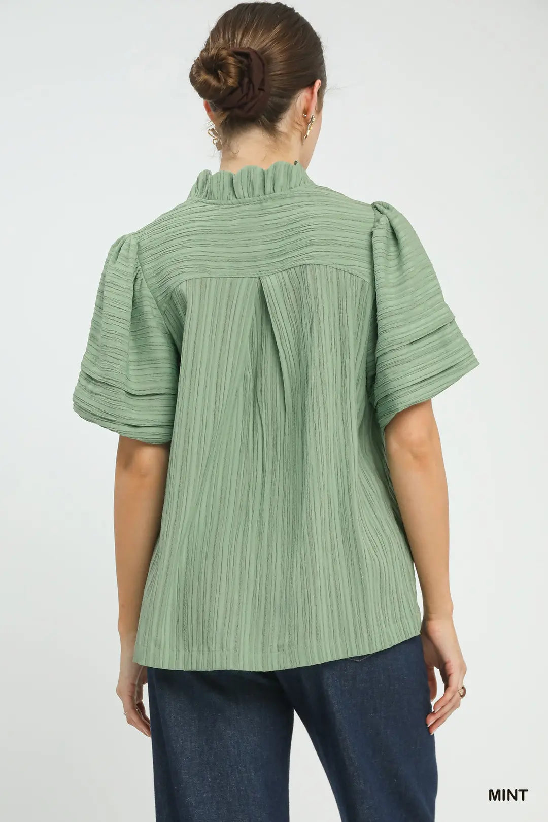 Mint Seersucker Bubble Sleeve V-Neck Top