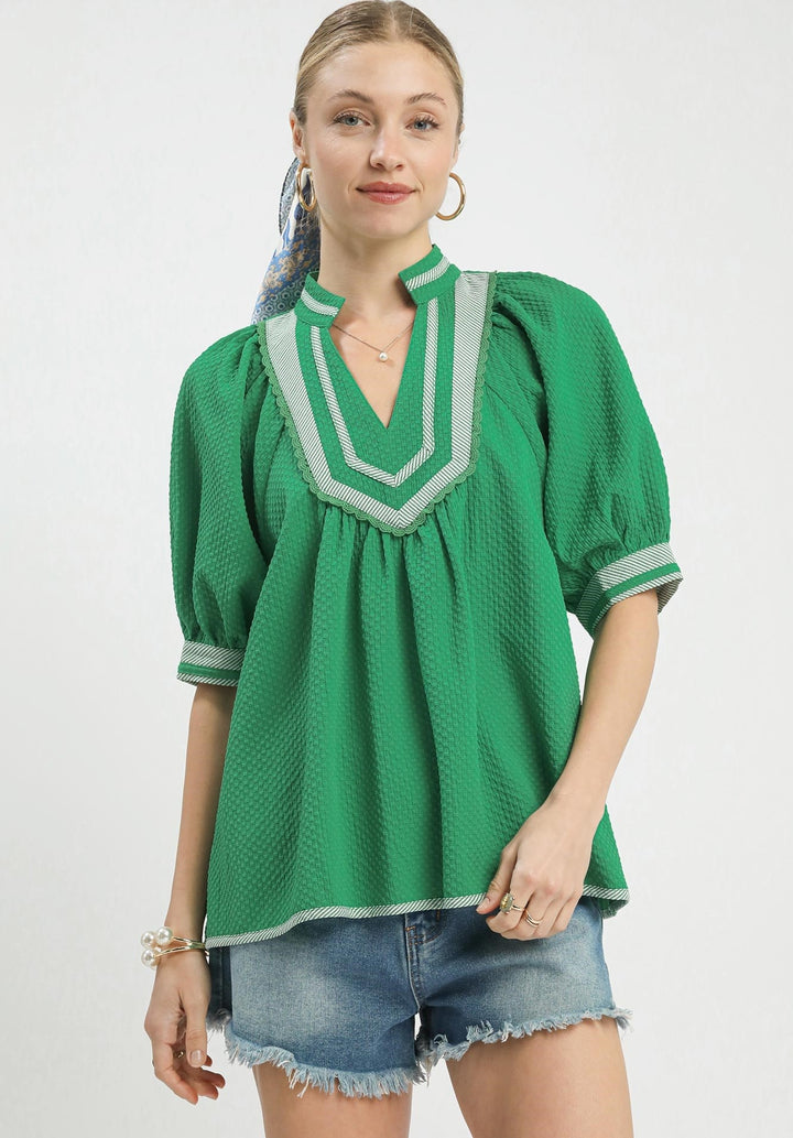 Green Textured Short Sleeve Top