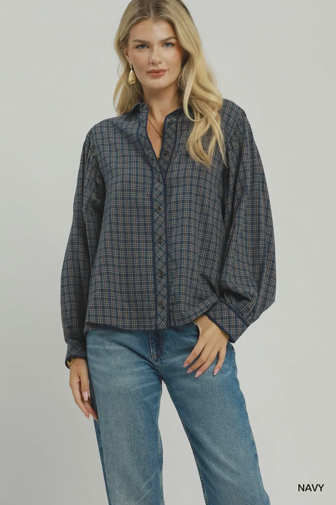 Somewhere Between Navy Plaid Top
