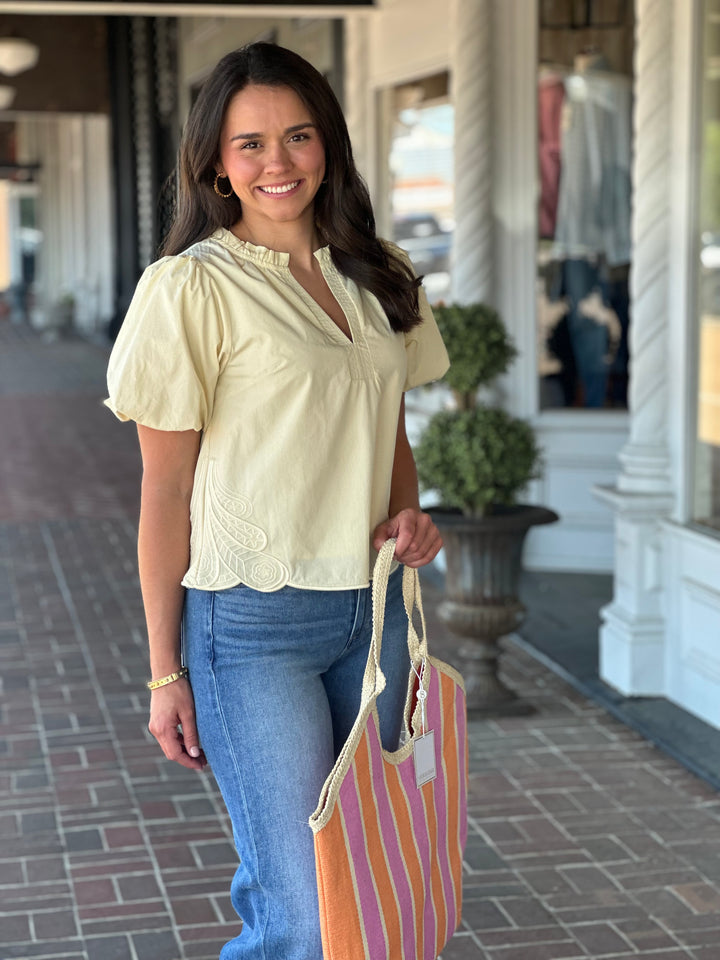 Bubble Sleeve Top With Side Embroidery in Custard Cream