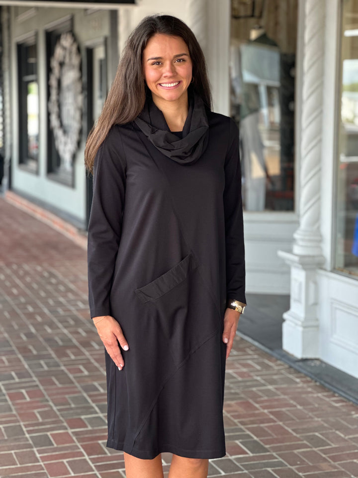 Perre Classic Pullover Cowl Neck Black Pocket Dress