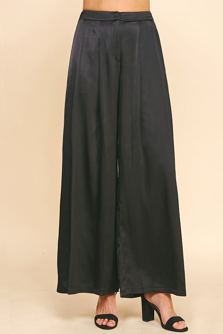 Black Satin Pleated Wide Leg Pants