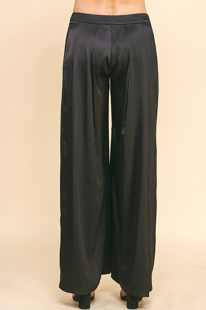 Black Satin Pleated Wide Leg Pants