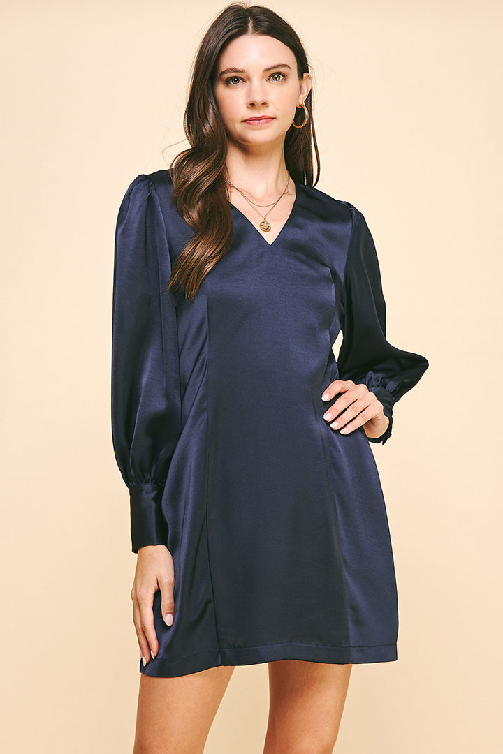 Ink Satin V Neck Mini Dress