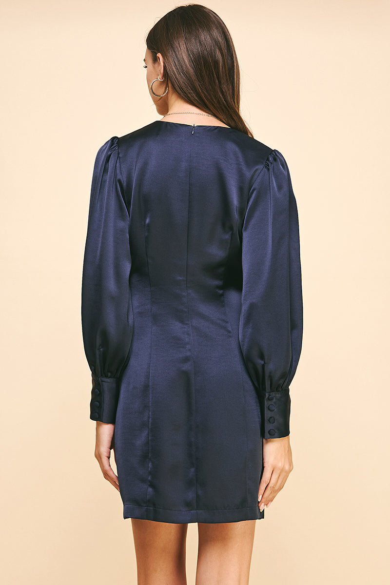 Ink Satin V Neck Mini Dress