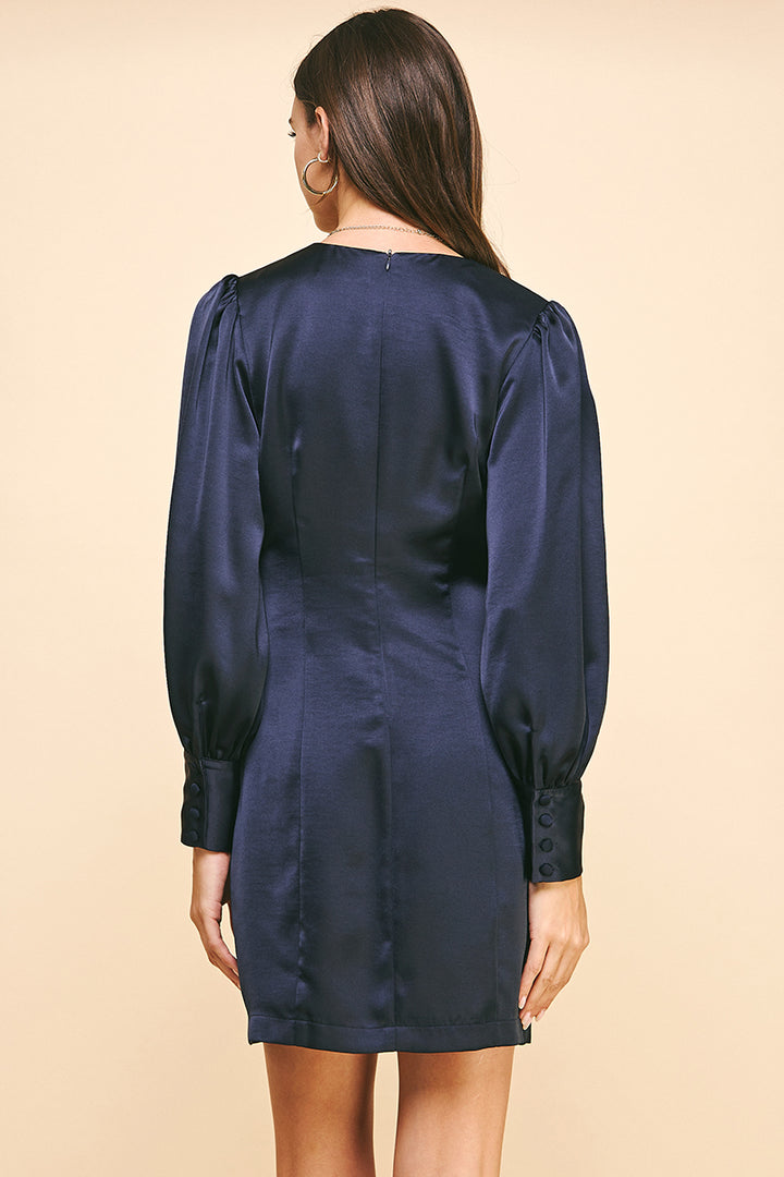 Ink Satin V Neck Mini Dress
