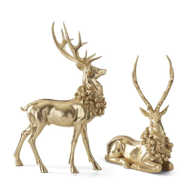 Set of 2 Gold Resin Deer w/Wreath Around Necks