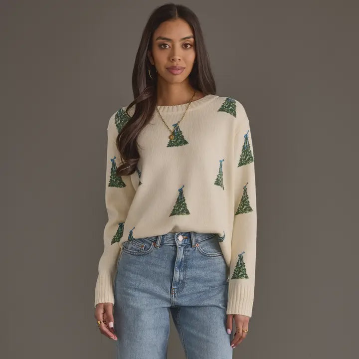 Ivory Tree Sweater with Blue Bows