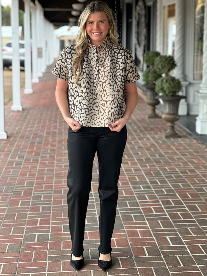Stand Collar Button Short Sleeve Jacquard Printed Taupe Top
