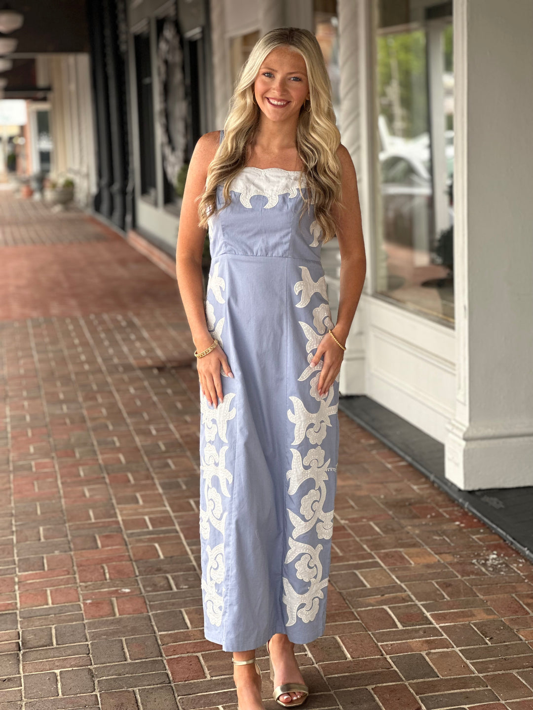 Anna Cate Denver Midi Dress in Light Blue Motif