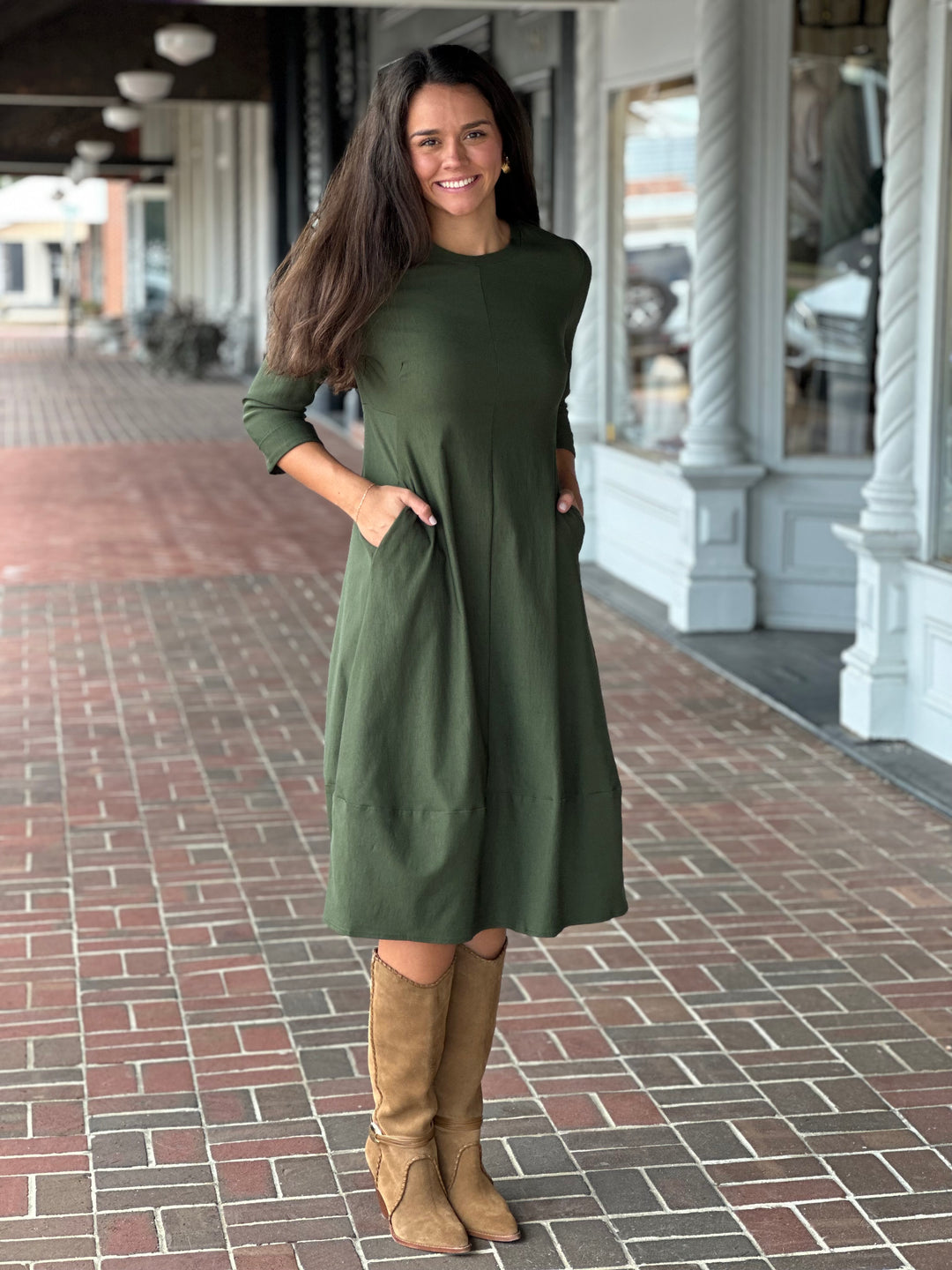 Perre Olive Green Three Quarter Sleeve Dress
