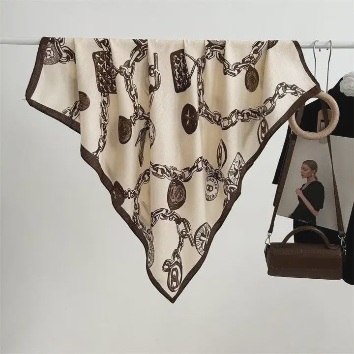 Vintage Floral Print Silk Scarf in Brown