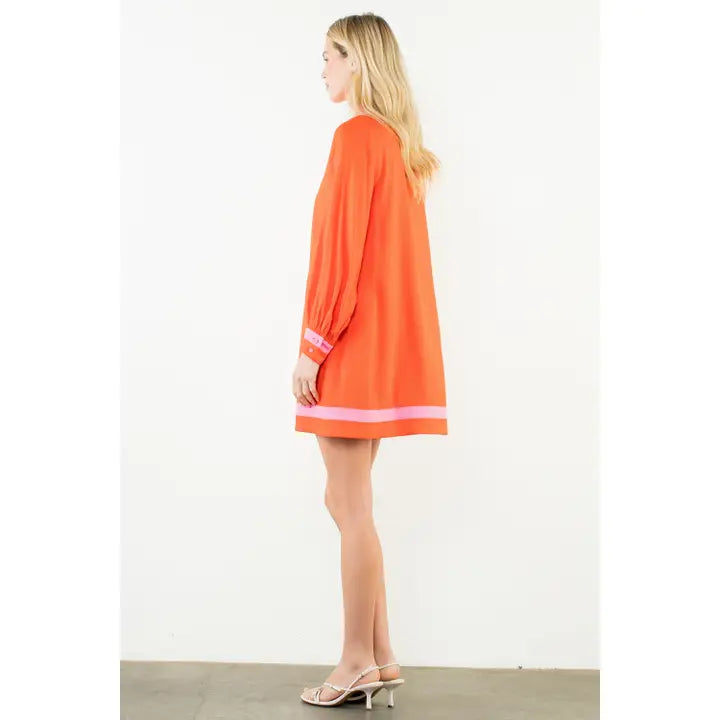 Orange Long Sleeve Colorblocked Dress