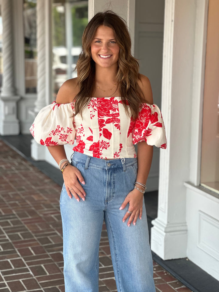 Red Floral Printed White Top