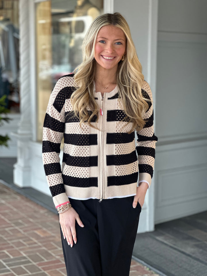 Spring Black Stripe Canvas Zip Cardigan
