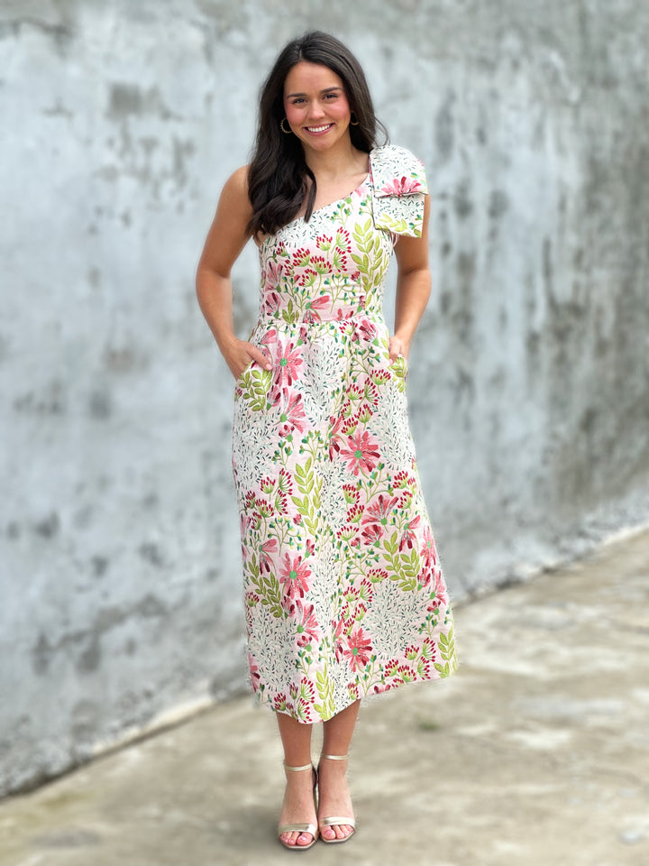 Floral One Shoulder Jacquard Midi Dress