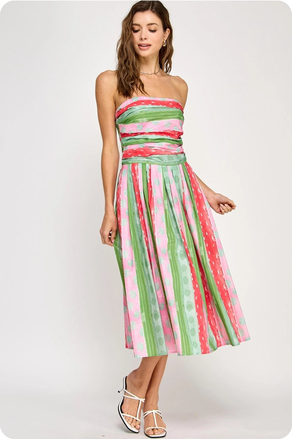 Tube Pleated Print Long Dress