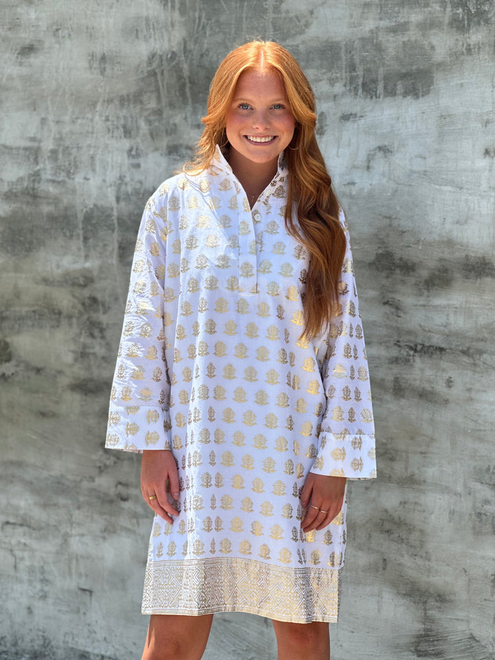 Jude Connally Helen Dress in Foulard Border Gold