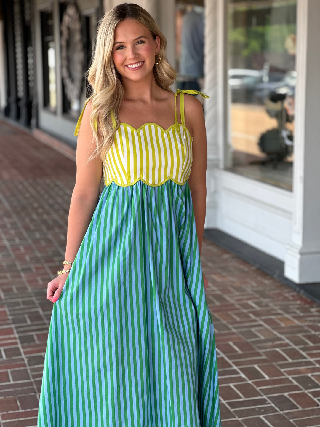 Kiwi Green Striped Sleeveless Midi Dress