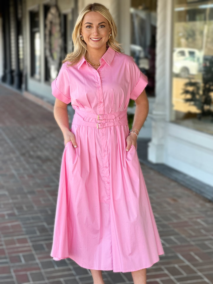 Belted Pink Midi Dress