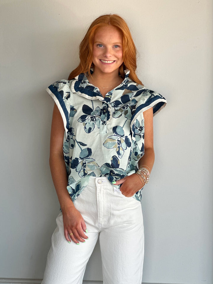Double Take Floral Printed Blue Top