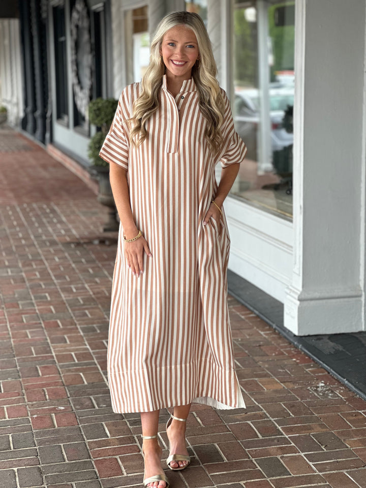 Stripe Midi Dress in Taupe