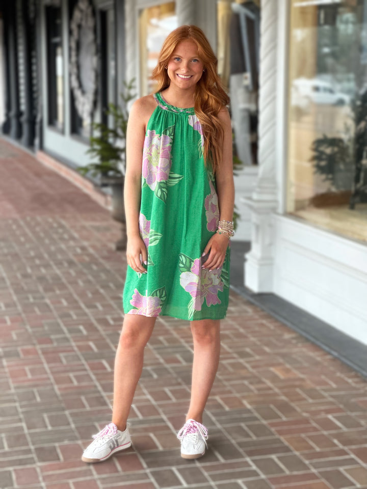 Green Floral Print Halter Dress