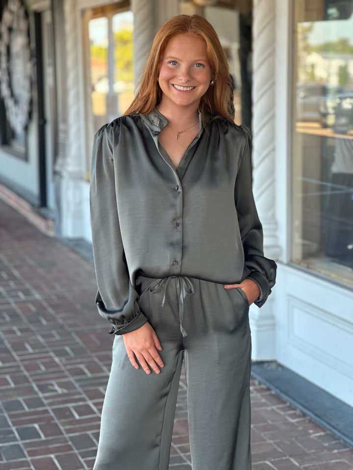 Balicia Green Satin Button Down Shirt