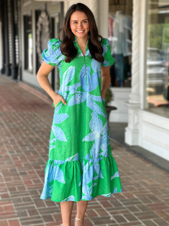 Botanical Print Short Puff Sleeve Midi Dress in Green