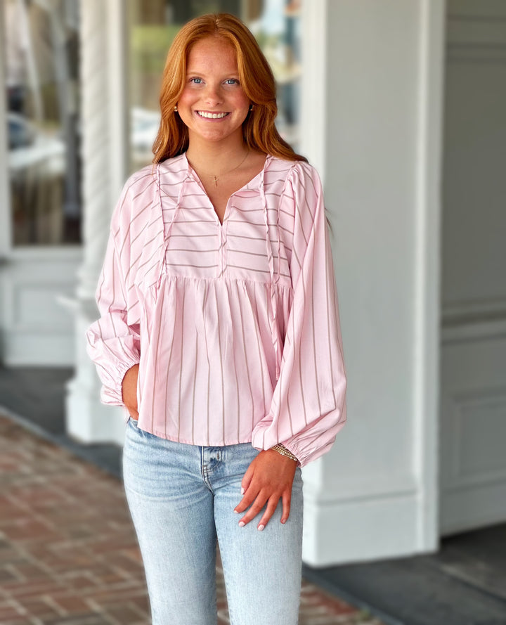 Tie Front Striped Long Sleeve Blouse in Pink