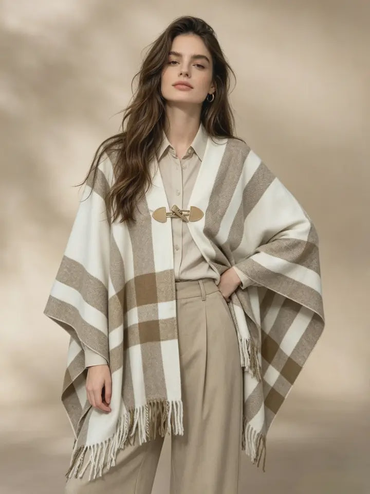 Plaid Ruana Cape W/Toggle Closure in Cream