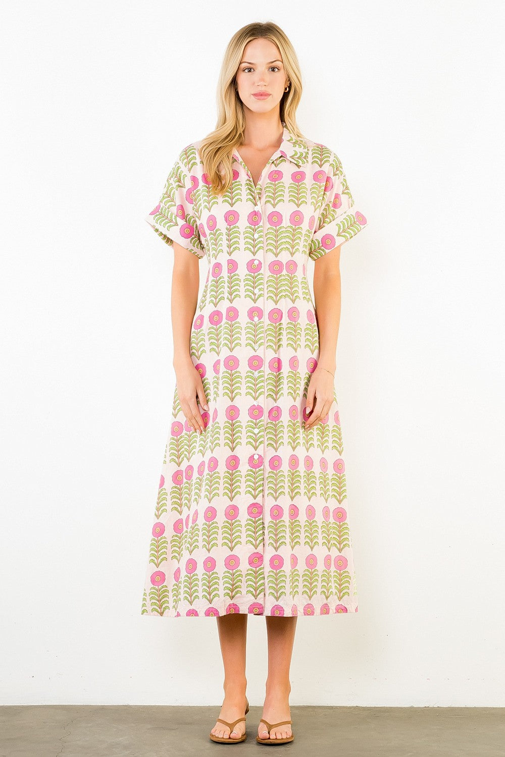 Pink Floral Short Sleeve Button Down Midi Dress