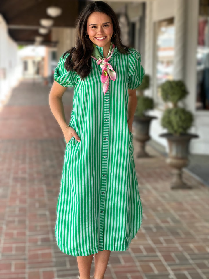 Stripe Puff Sleeve Midi Dress in Green