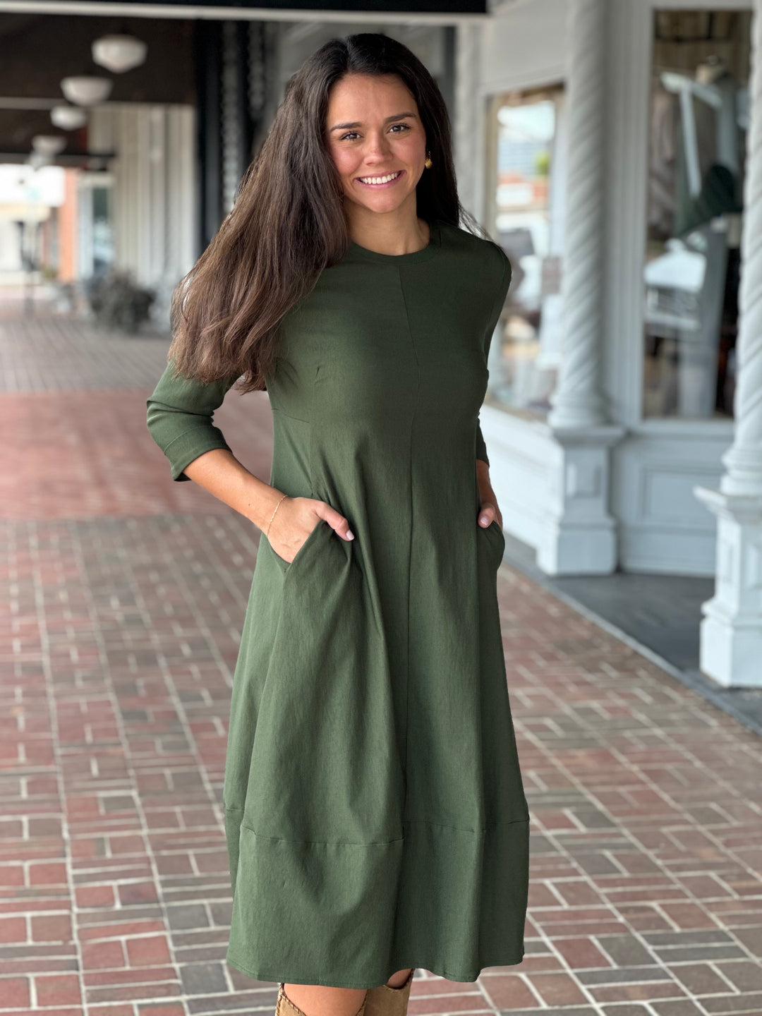 Perre Olive Green Three Quarter Sleeve Dress