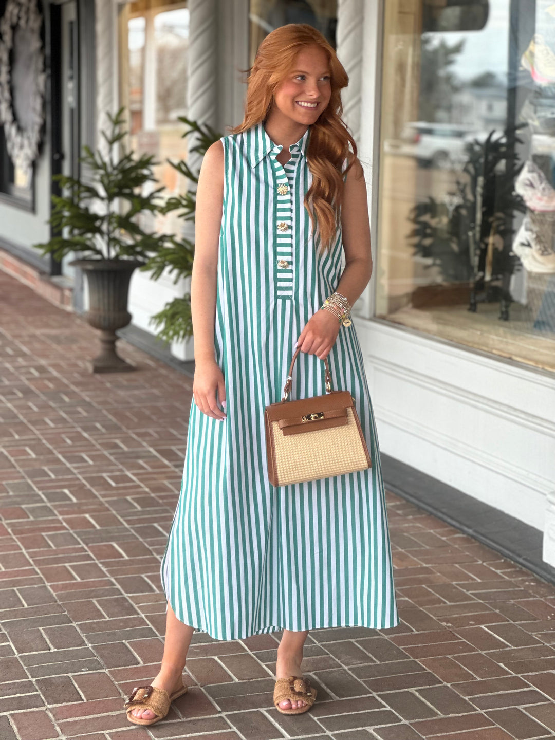 Bold Green Stripe Button Dress