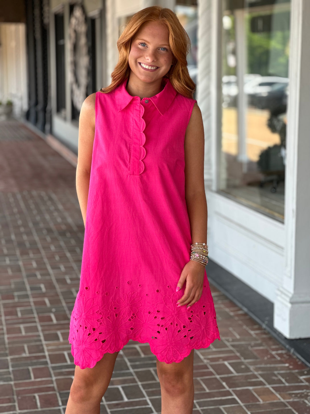 Solid Sleeveless Scallop Trim Mini Dress in Hot Pink