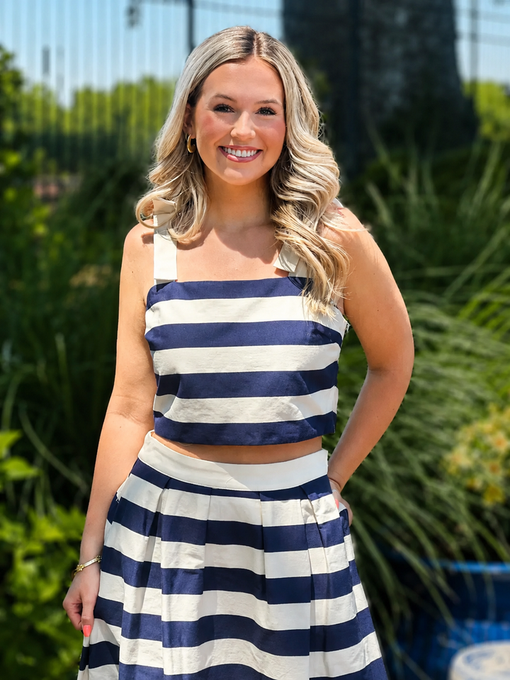 Navy Striped Sleeveless Cropped Top