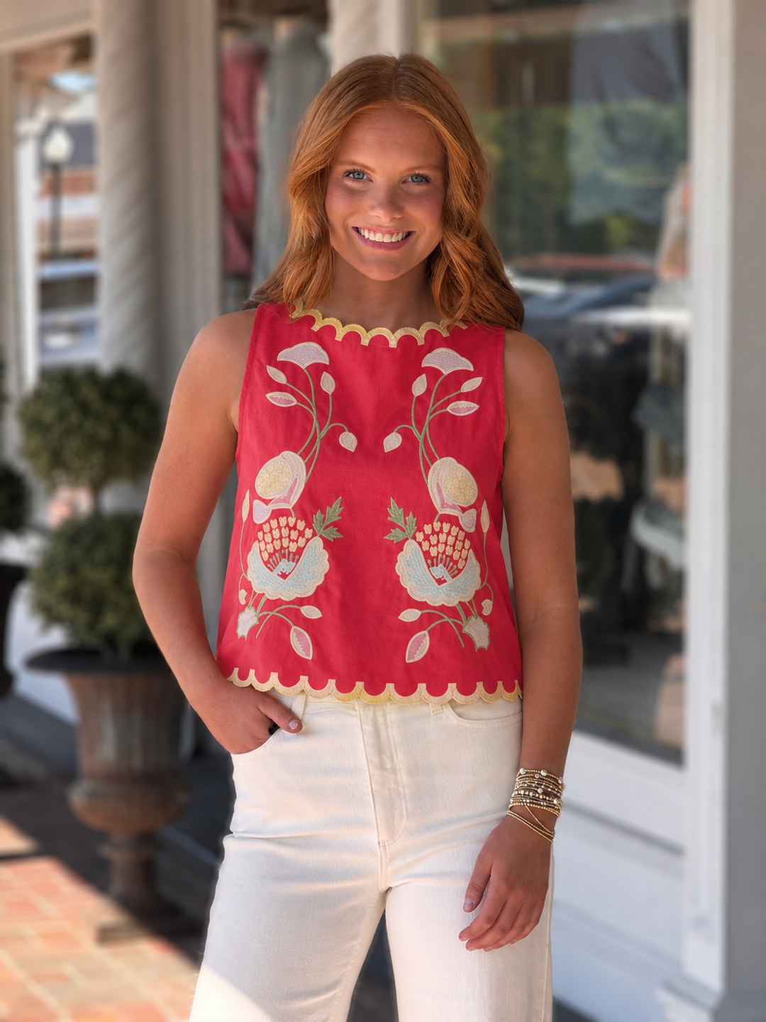 Floral Embroidery Scalloped Tank in Coral Red
