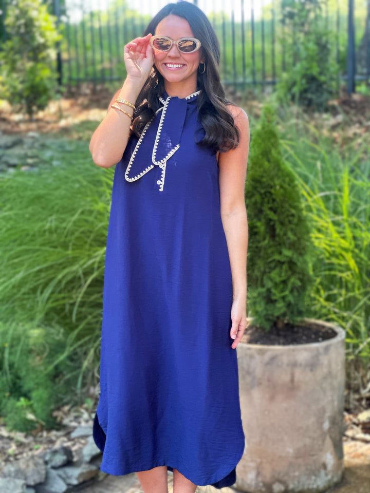 Scalloped Accent Trim Button Front Navy Dress