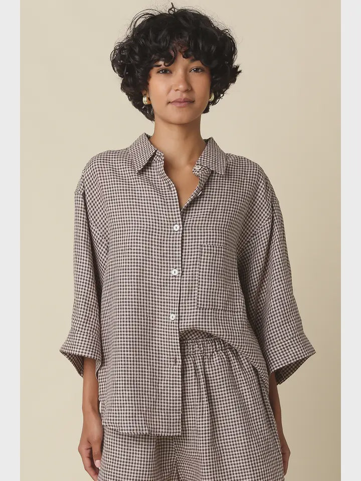 Gabi Gingham Linen Shirt in Brown