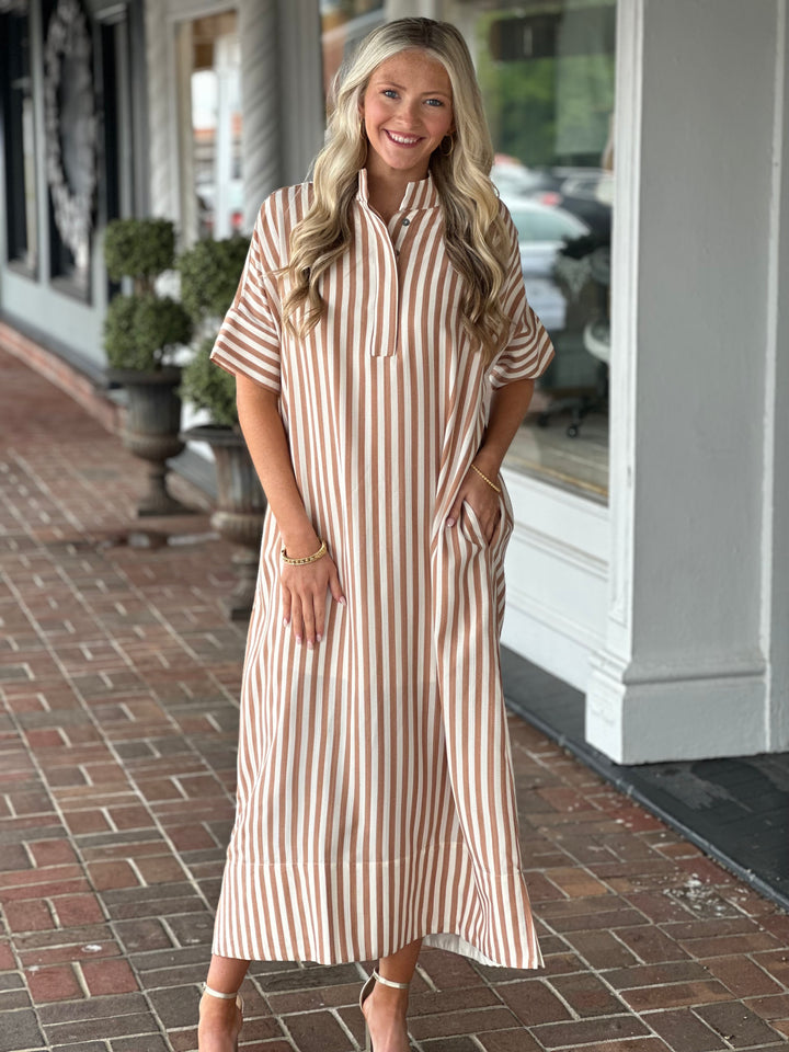 Stripe Midi Dress in Taupe