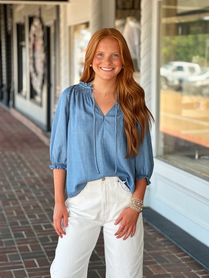 Try To Keep Up Blue Chambray Top