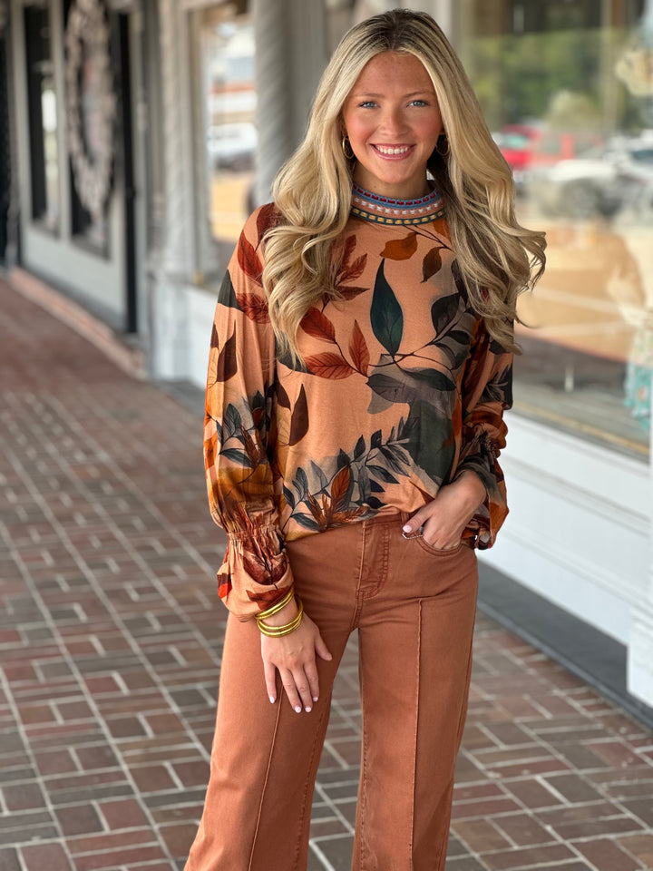 French Dressing Mock Neck Trimmed Top in Brown